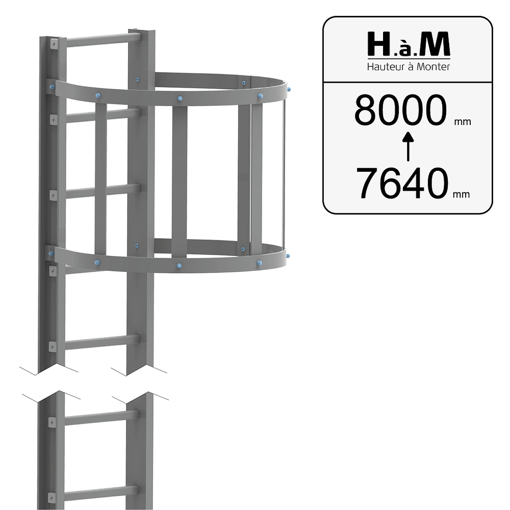 Échelle crinoline PRV U90 grise - Hauteur à Monter: [7640➡8000]